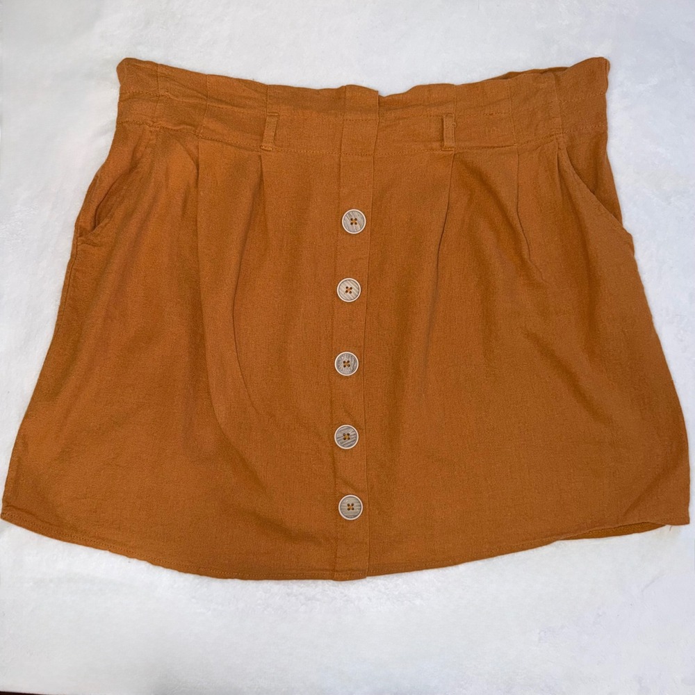 Ilusión Honey Orange Linen Blend Button Front Paperbag Mini Skirt 45605-11 Large